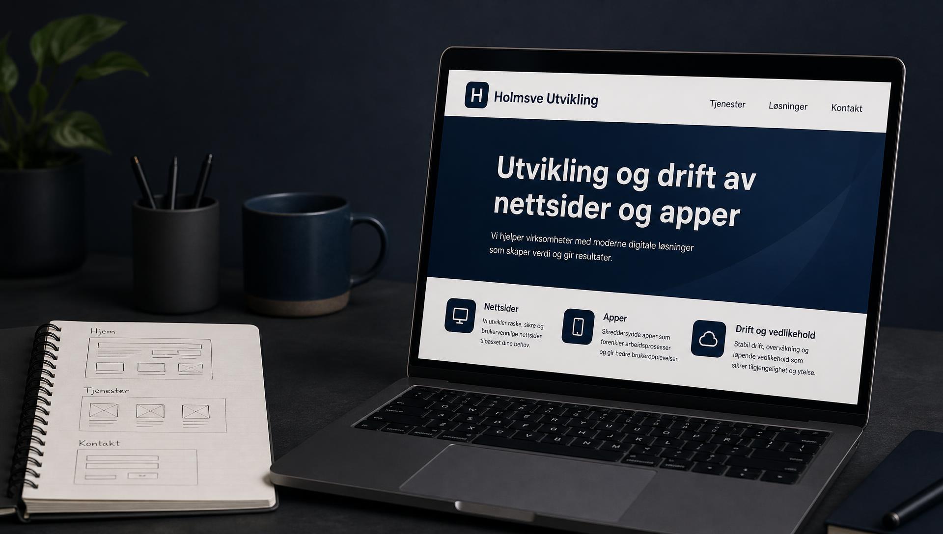 Arbeidsplass med laptop, kodeeditor og skisser av nettsideoppsett